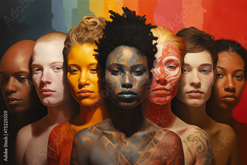 Global diversity of Human Identities concept art, human face paintings, Drawings of different tribes around the world, A group of people representing their traditions and cultures in Different eras