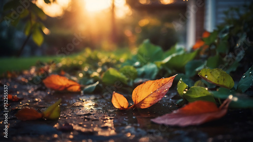 Garden Leaves after the rain at sunset