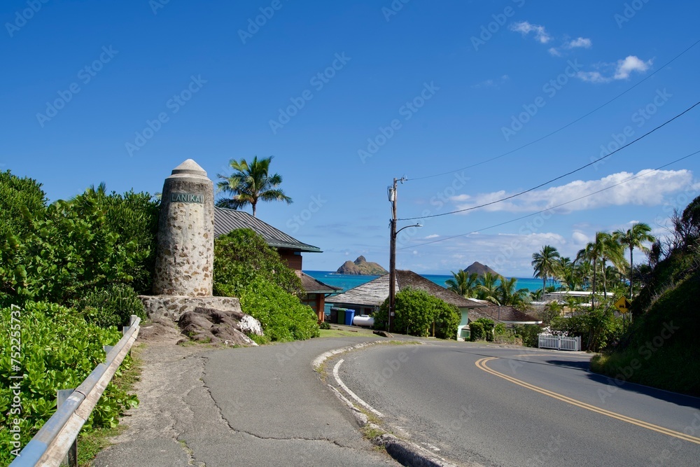 Lanikai Monument in Hawaii and the road leading to Lanikai Beach