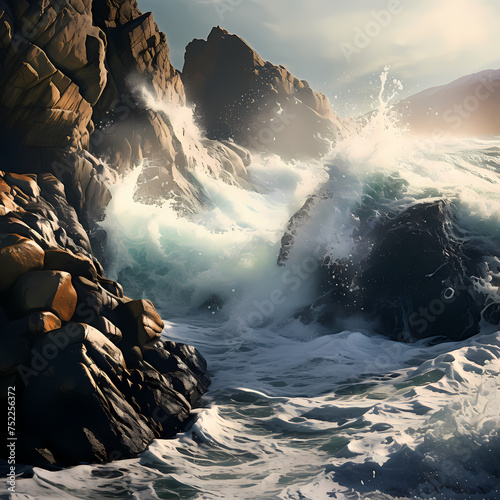 Waves crashing on rugged coastal rocks. © Cao