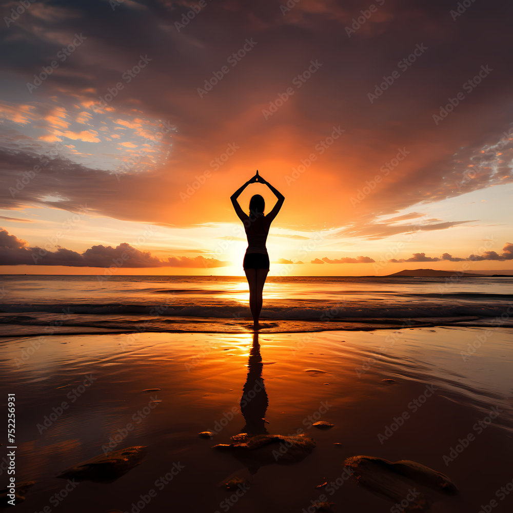 Yoga on a peaceful beach at sunrise. 