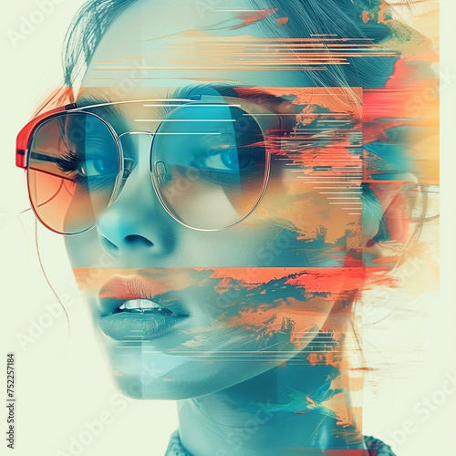 Double-exposure portrait of a beautiful woman with sun glasses and colorful background