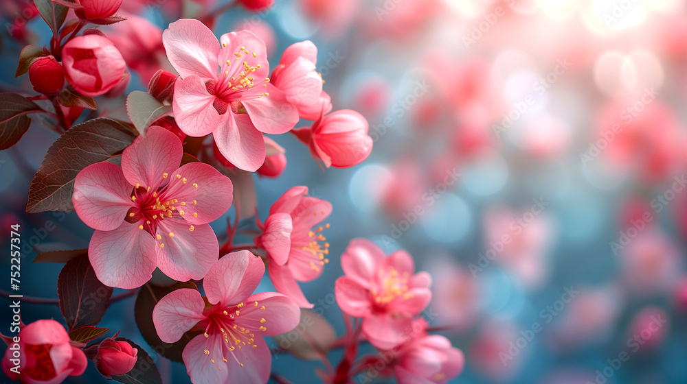 Blossoming branch of sakura on a blue background with bokeh Blossoming branch of sakura on a blue background with bokeh