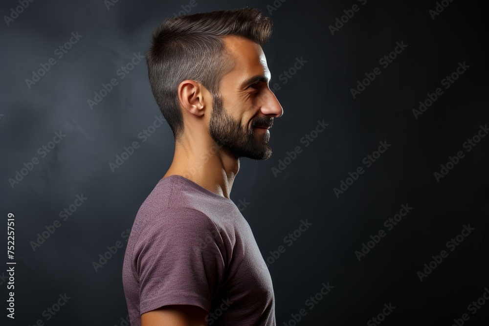Profile of a confident man standing on gray background, conceptual business image