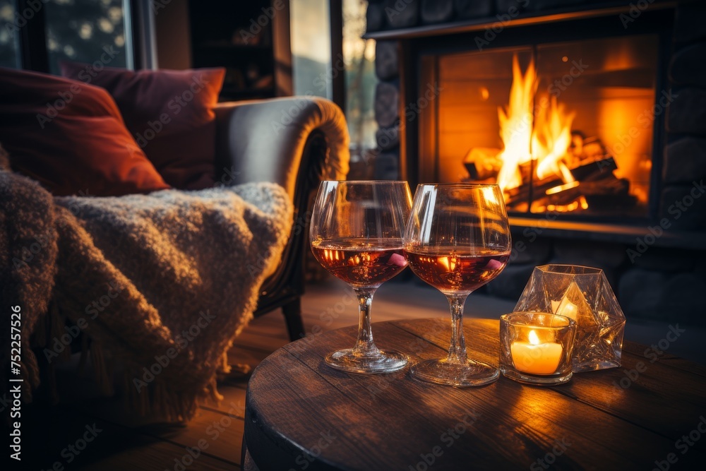 Cozy new year ambiance with wine glasses by the warm fireplace