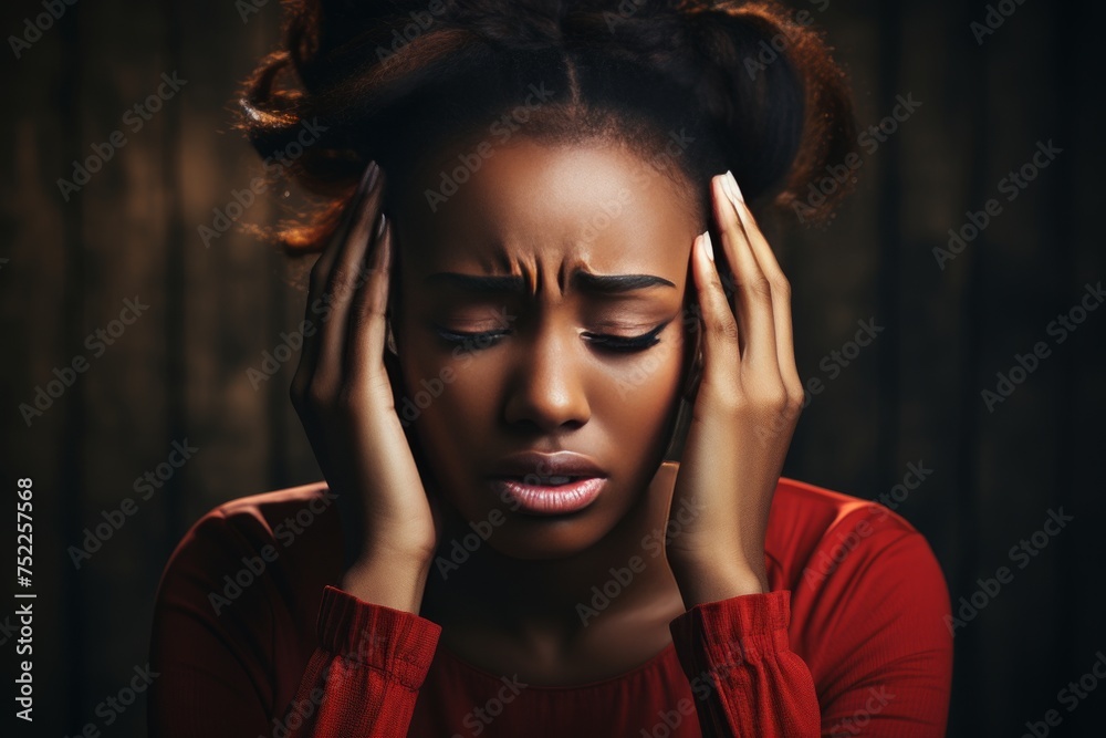 African woman in glasses with headache migraine pain on sofa - health, stress, depression concept African woman in glasses with headache migraine pain on sofa - health, stress, depression concept