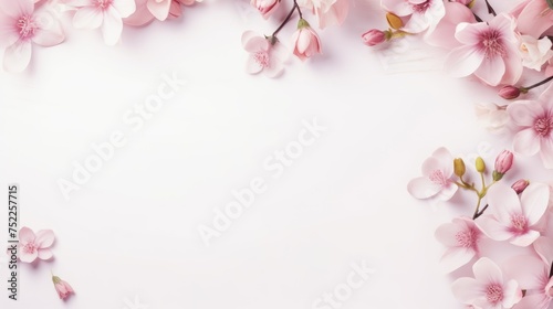 Beautiful delicate pink flowers on a white background. Abstract layout of a colored frame with space for text. An invitation to a wedding. The concept of International Women's Day, Mother's Day.