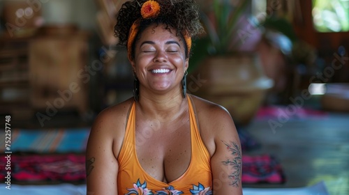 A radiant, chubby woman participating in a laughter yoga session