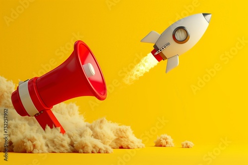 Rocket and red megaphone on yellow background, startup and marketing concept