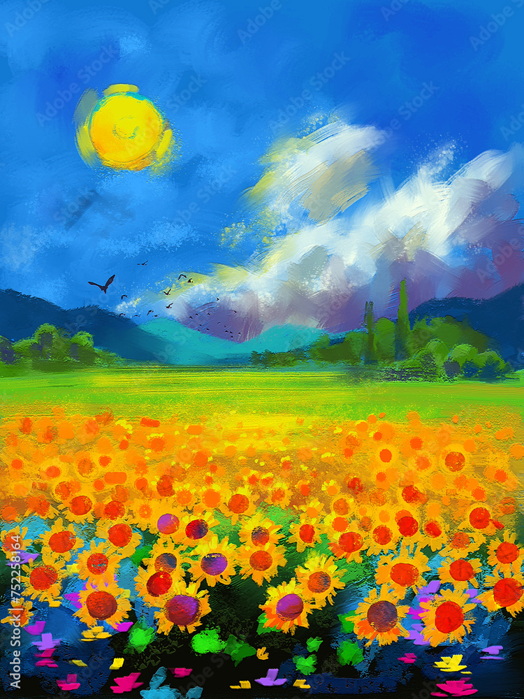 Digital illustration drawn on graphics tablet depicting a landscape with a field of sunflowers, distant hills and a blue sky (This illustration was drawn by hand without the use of generative AI!)