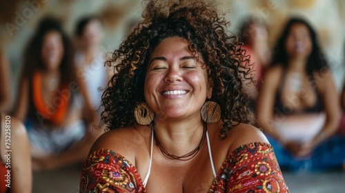 In the midst of laughter yoga, a vibrant, plump woman exudes warmth and positivity