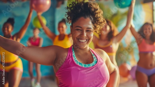 Leading a Zumba fitness class with boundless energy, a vibrant, chubby woman inspires others to embrace movement and celebrate their bodies
