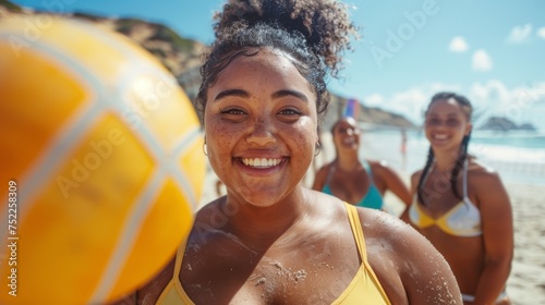 With friends by her side, a lively game of beach volleyball sees a radiant, chubby woman embracing the sunshine © Lerson