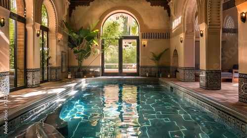 An opulent Moroccan pool paradise, resplendent with geometric tiles, inviting alcoves, and the soothing sound of water, creating an exotic retreat. © Muhammad