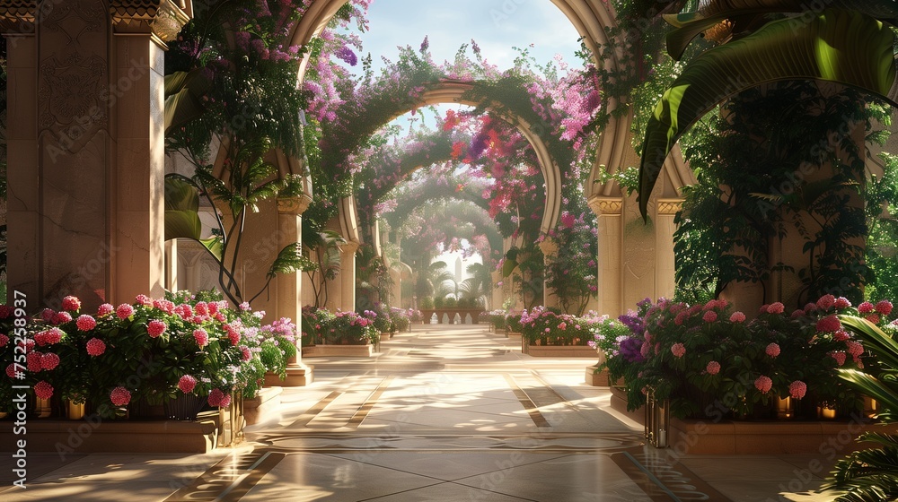 A palace-inspired escape, opulent landscaping with symmetrical arcades, revealing a tranquil pond, exotic flora, and regal ambiance.
