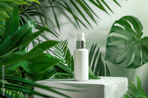 Blank cosmetic packaging mock-up on background with beautiful shadows and tropical leaves.