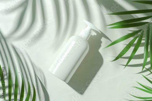 Blank cosmetic packaging mock-up on background with beautiful shadows and tropical leaves.