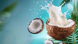 Fresh coconut milk splash and palm leaves create a bright sky background. Cracked coconut nuts on milk splash with tropical exotic blue sky background for food sweets, spa cosmetics or cream packaging