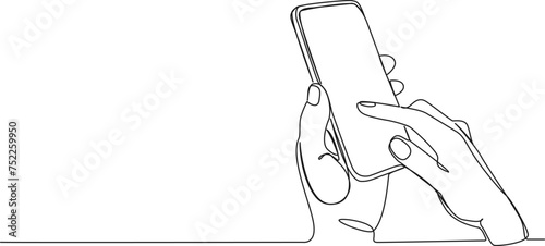 continuous single line drawing of hands holding smartphone, line art vector illustration
