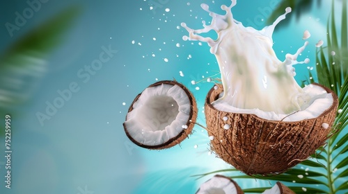 Fresh coconut milk splash and palm leaves create a bright sky background. Cracked coconut nuts on milk splash with tropical exotic blue sky background for food sweets, spa cosmetics or cream packaging