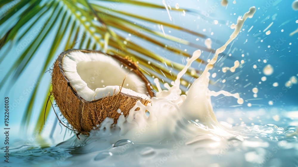 Fresh coconut milk splash and palm leaves create a bright sky background. Cracked coconut nuts on milk splash with tropical exotic blue sky background for food sweets, spa cosmetics or cream packaging Fresh coconut milk splash and palm leaves create a bright sky background. Cracked coconut nuts on milk splash with tropical exotic blue sky background for food sweets, spa cosmetics or cream packaging
