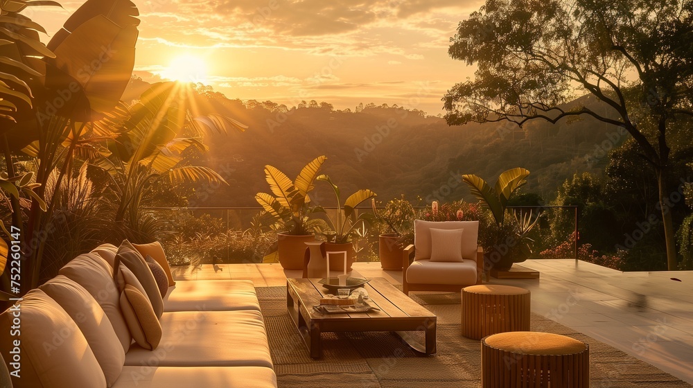 A sumptuous outdoor lounge bathed in golden sunset hues, plush seating blending seamlessly with the lush, vibrant nature.