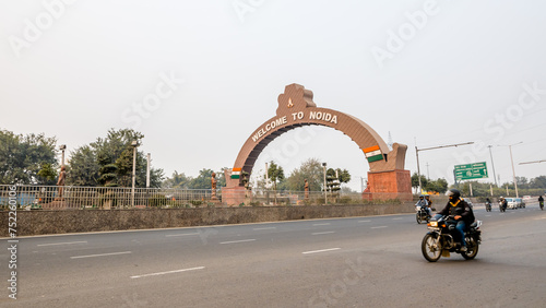 Newly inaugurated Noida Gate. New Okhla Industrial Development Authority, NOIDA is a city located in Gautam Buddha Nagar district of the Indian state of Uttar Pradesh