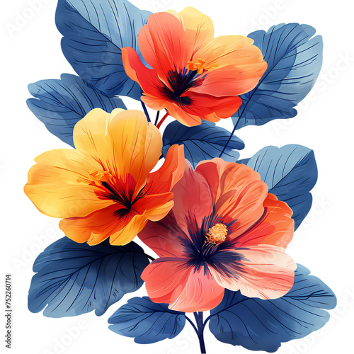 Flores rojas con hojas azules ilustración transparente 