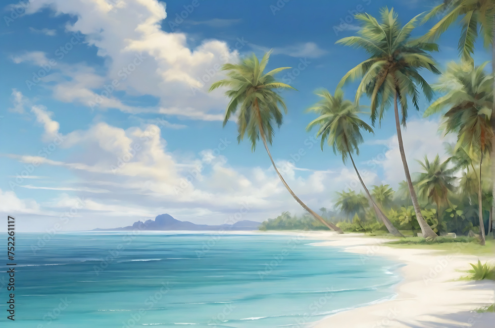 A beautiful beach with beautiful sea and sand. There are some coconut trees on the land.