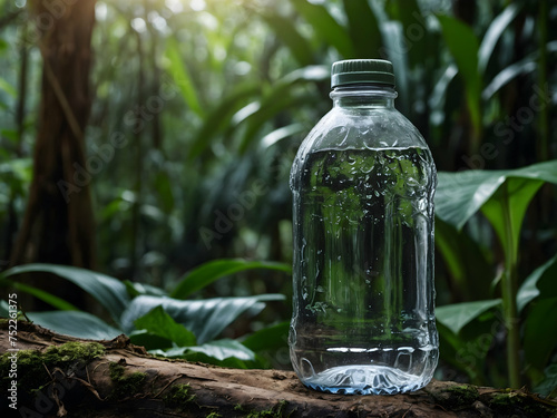 Water bottle on the background of the jungle, forest, ecologically, on the background of a stream, waterfall. Ecological water © Anna