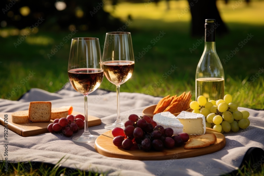Two Glasses of Wine, Cheese, and Grapes on a Blanket