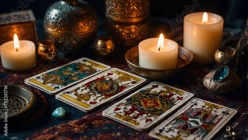 Tarot cards, magical esoteric paraphernalia, and candle equipment. Photography