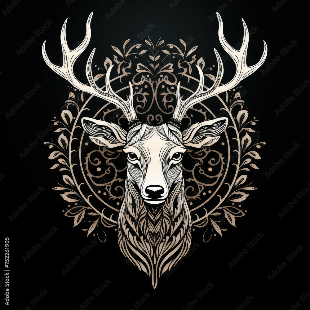 Elk Mandala Style Illustration, black and white