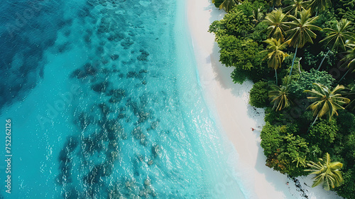 Beach with beautiful coastline. Aerial view of tropical paradise with turquoise waters, green palm trees, white sand beach and coral reefs generative ai