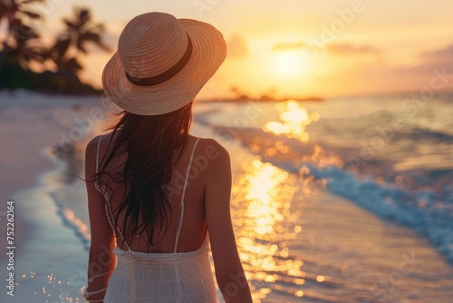 Close-up photo of young woman wear light dress and with hat in hand walking alone on sandy tropical beach at summer sunset, palms, splashing water in sea shallow