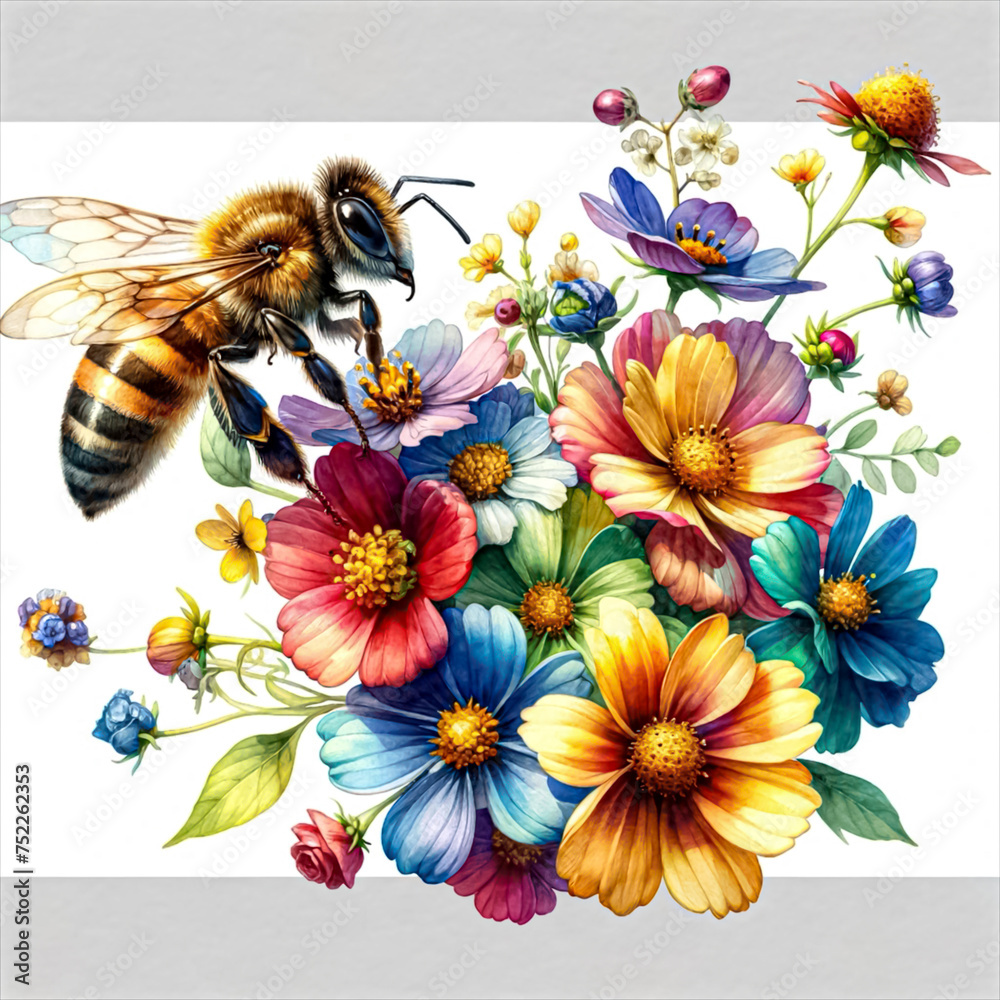 An illustration of a bee and flower bouquet, rendered in watercolor style. - obrazy, fototapety, plakaty 
