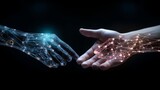 Innovation and Collaboration, AI and Machine Learning - An Innovative, Futuristic Depiction of Human and Robot Hands Working Together Background