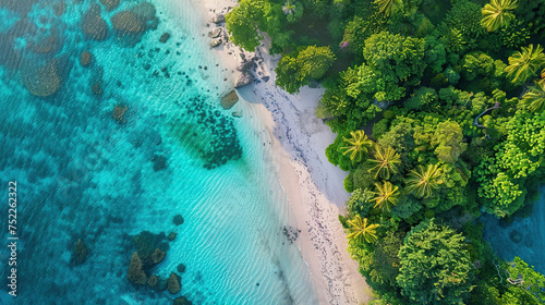 Beach with beautiful coastline. Aerial view of tropical paradise with turquoise waters, green palm trees, white sand beach and coral reefs generative ai