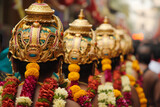 The intricate designs of the Vel, a symbol of Lord Murugan, carried by devotees during the Thaipusam procession. Selective focus.