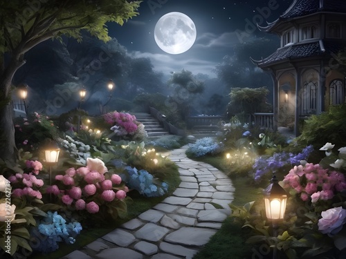 background moonlit garden full of enthereal beauty