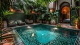 A luxurious Moroccan-style swimming haven, azure waters blending with ornate tile work, surrounded by arches and cozy, sunlit lounging spaces.