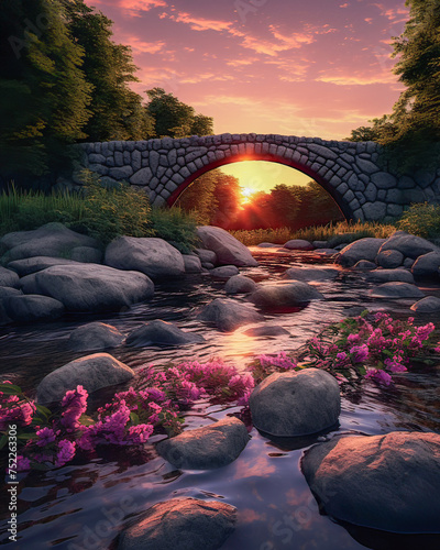 Tranquil dusk, stone bridge, pink flowers, greenery, twilight sky with orange hues.