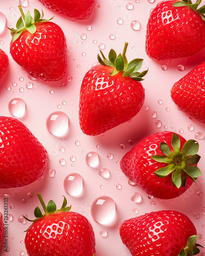 Pink pastel background with whole strawberries, slices, and water drops.