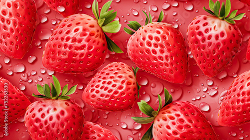 Strawberry delight, pink illustration, background, whole strawberries, slices, water drops.