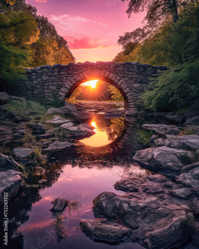 Stone bridge over river, pink flowers, greenery, sunset sky with purple, blue, and orange tones.