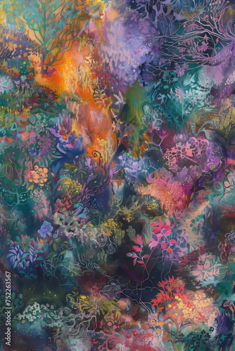 A portrayal of a mystical forest abundant with otherworldly flora depicted in a captivating explosion of oil pastel hues  conjuring a surreal atmosphere.