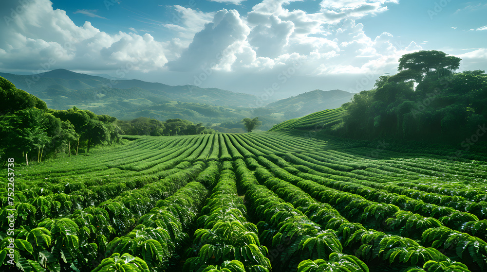 tea plantation, rice field, green plantation, Verdant coffee farm with rows of lush plants under a blue sky. Sustainable agriculture and rural development concept with copy space tea plantation, rice field, green plantation, Verdant coffee farm with rows of lush plants under a blue sky. Sustainable agriculture and rural development concept with copy space