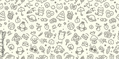 Seamless hand drawn kid doodle pattern. Cute scribble set of sun, flower, smile, heart, animal, cloud, star, rainbow, fruit. Vector trendy sketch childish elements for stickers, patterns, banners. photo