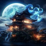 Beautiful, Realistic, Japanese traditional house illuminated with lights, and two baby blue colored dragons flying in the sky at night