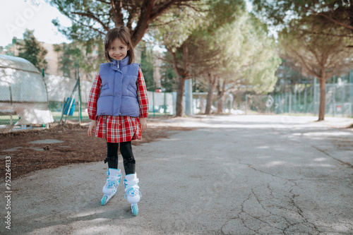Little girl in a red dress rollerblading in the park © Bohdan